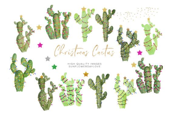 Cactus Christmas Clipart, Watercolor Illustrations