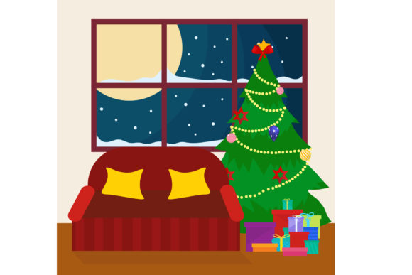 Living Room with Christmas Tree Illustrations