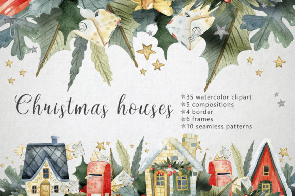 Watercolor Christmas Houses Illustrations
