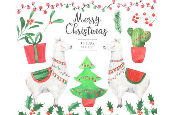 Watercolor Christmas Llamas Illustrations